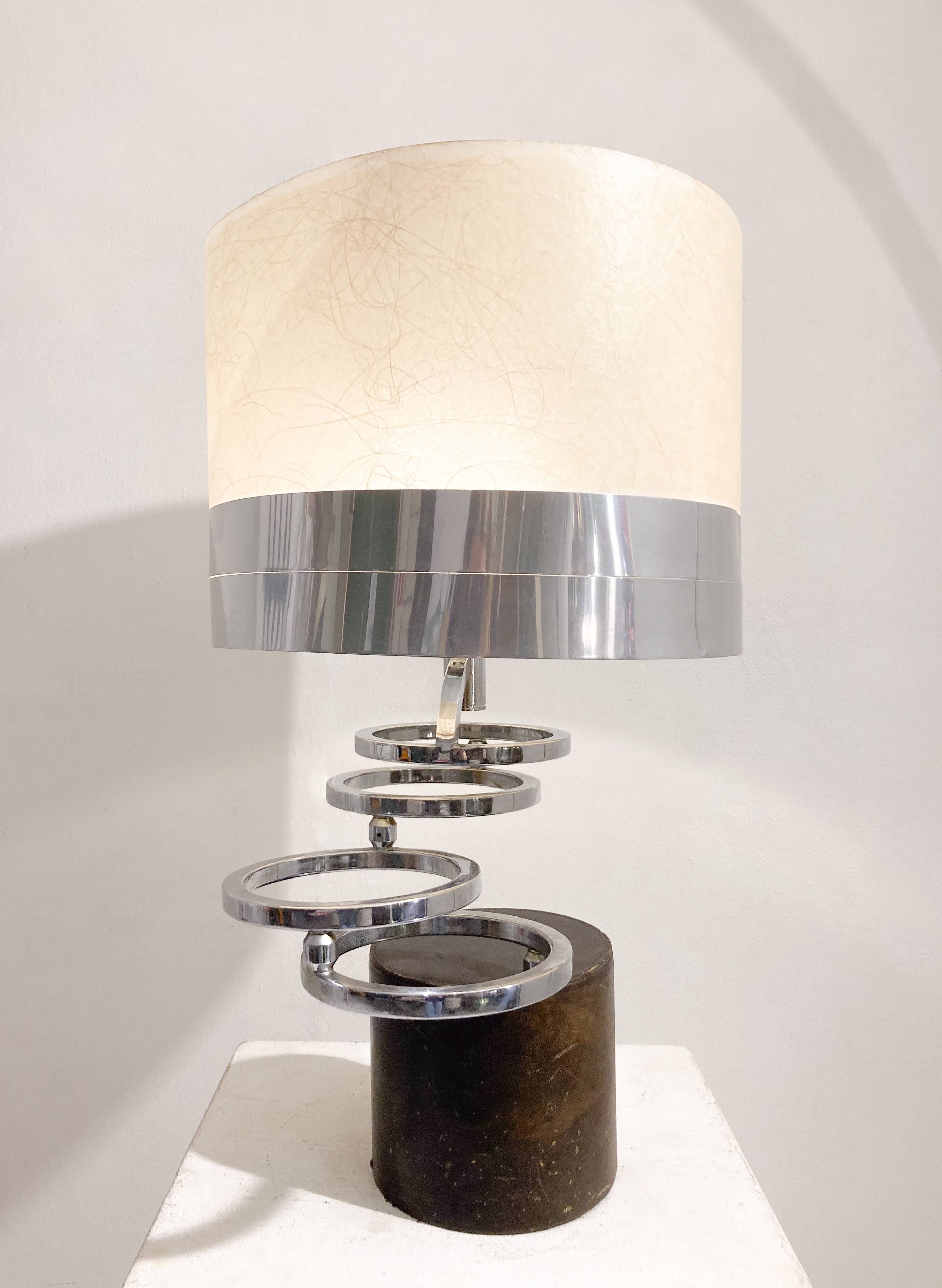 Table lamp in metal and leather, mid-20th century