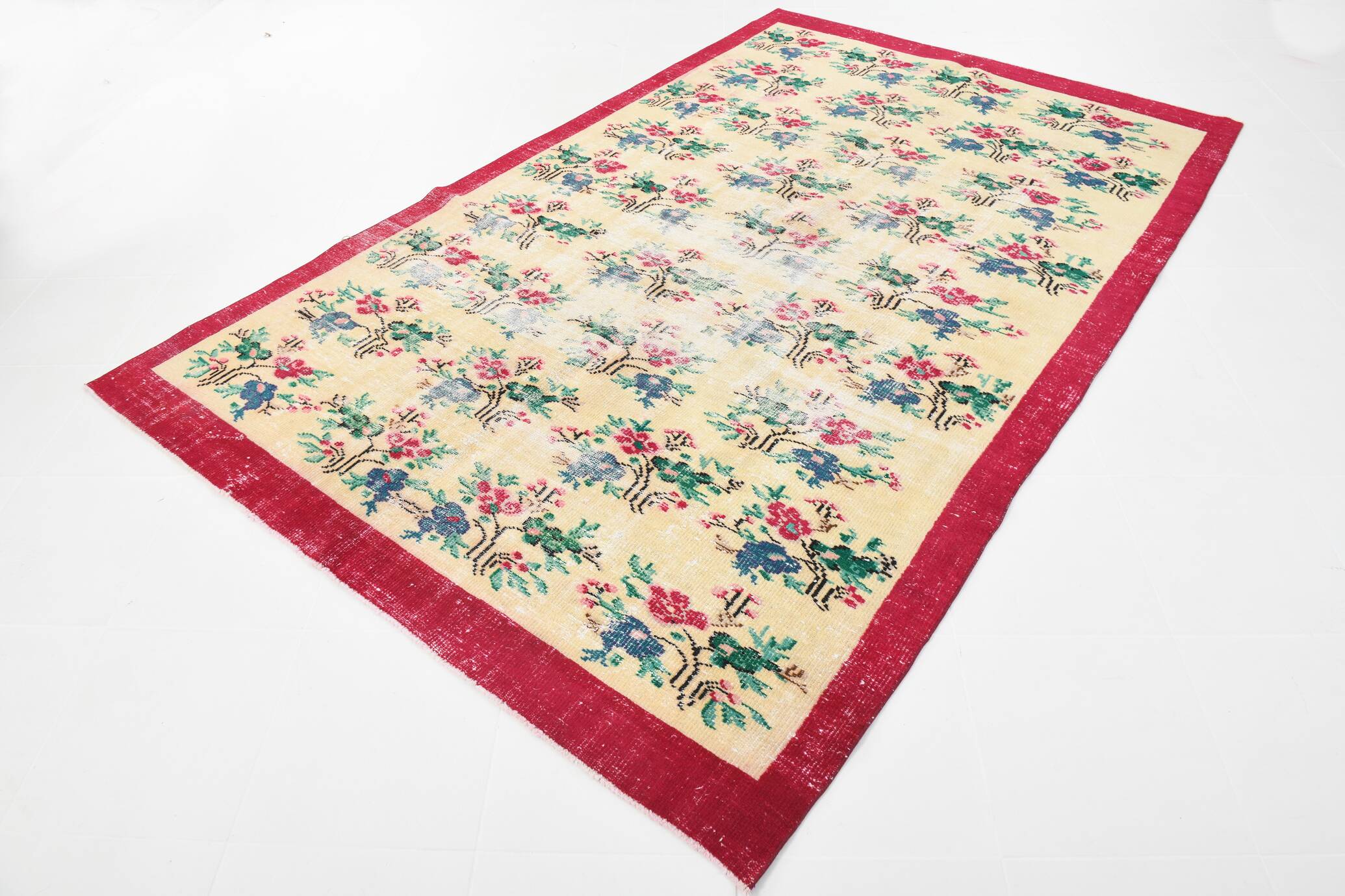 Ruby Red Vintage Floral Turkish Rug, Handmade Wool Carpet, 202x309 Cm