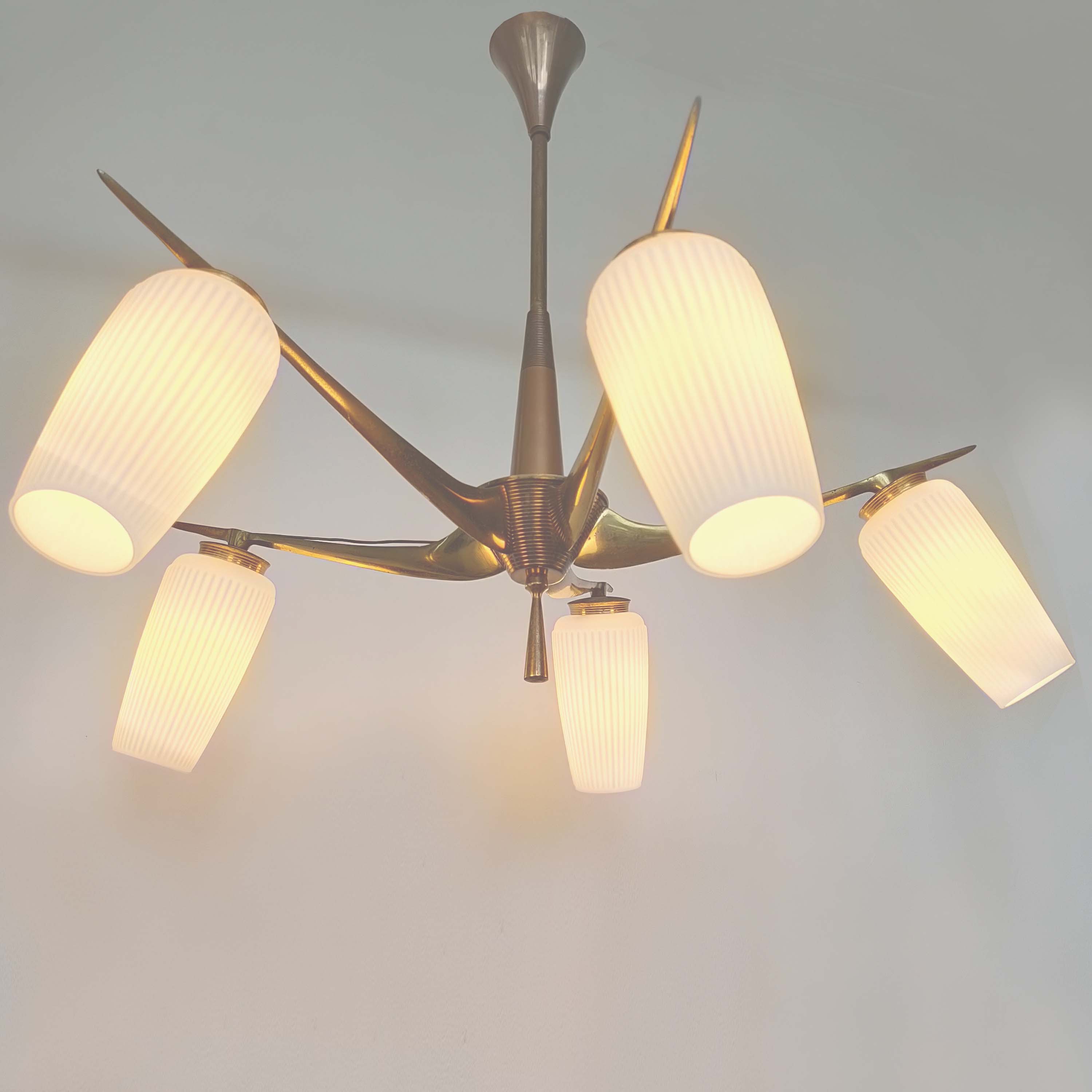 Brass and 5 opalines chandelier