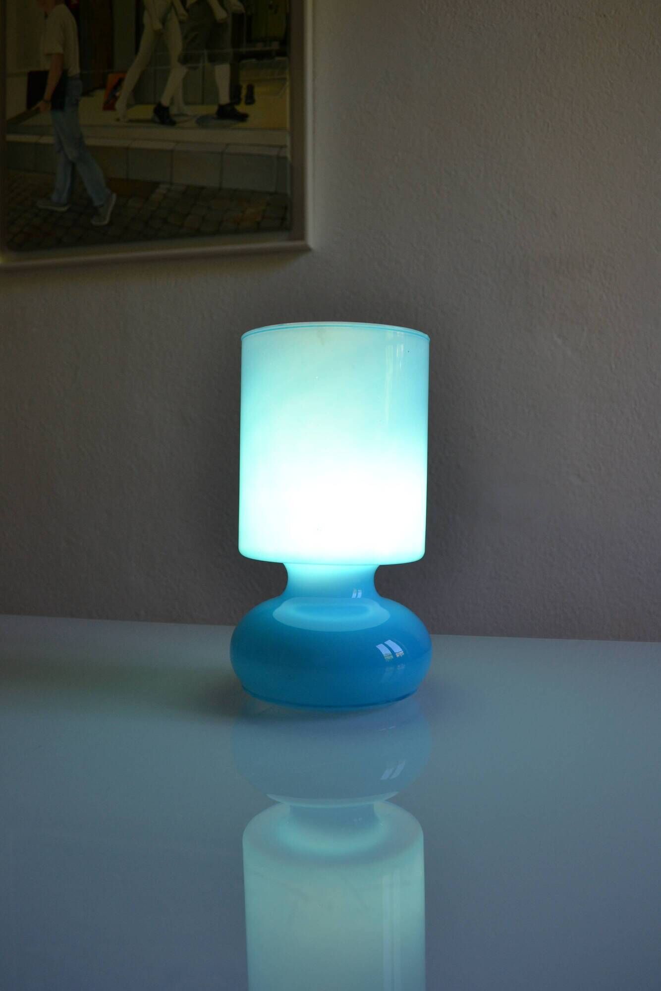 Ikea Lykta lamp in vintage blue opaline glass from the 1980s.