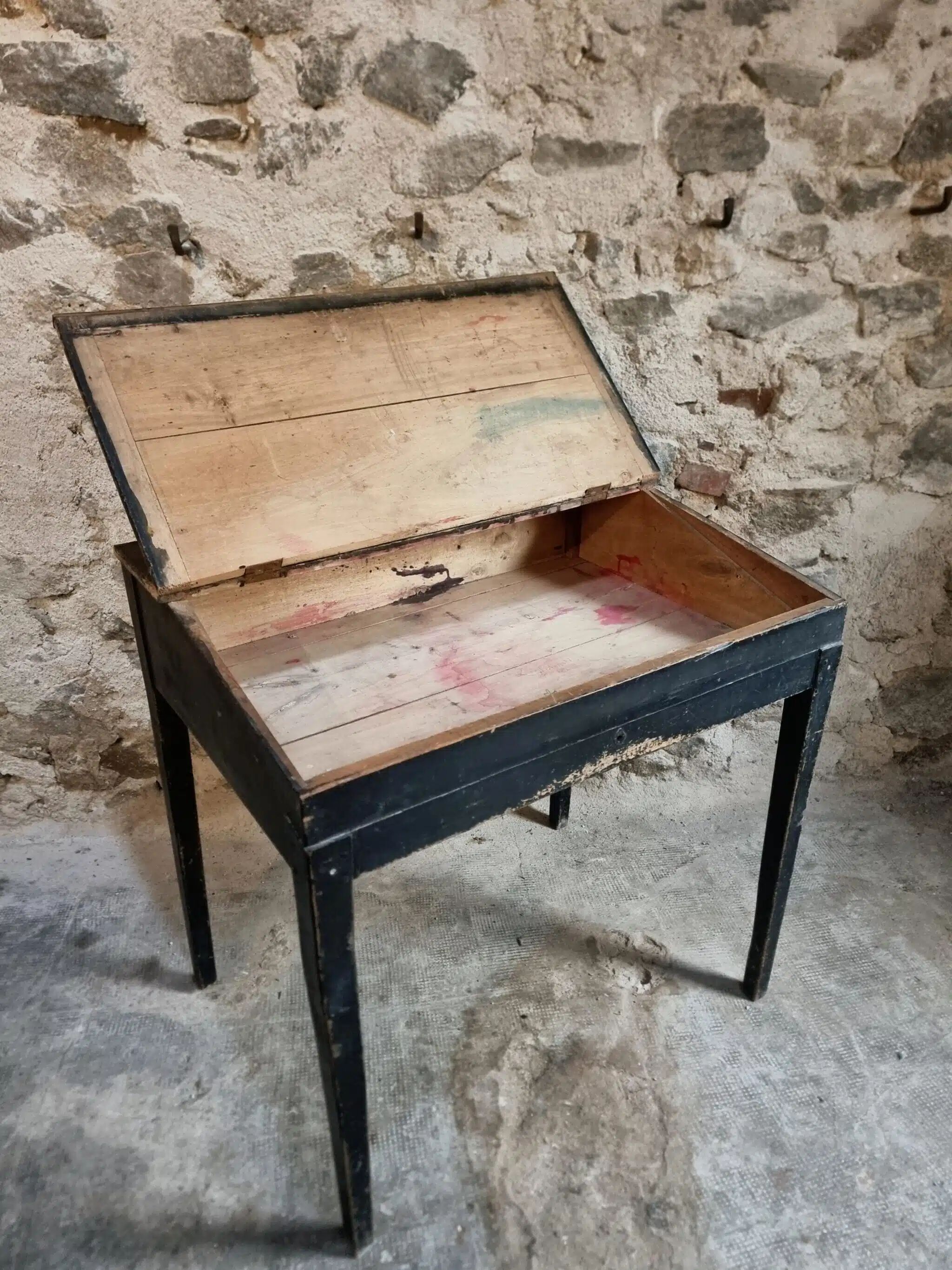 Bureau d'école français ancien, bureau d'écriture noir, bureau à abattant, vers 1900