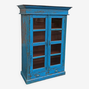 Old wooden glazed cabinet with two doors and two drawers