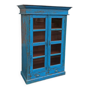 Old wooden glazed cabinet with two doors and two drawers