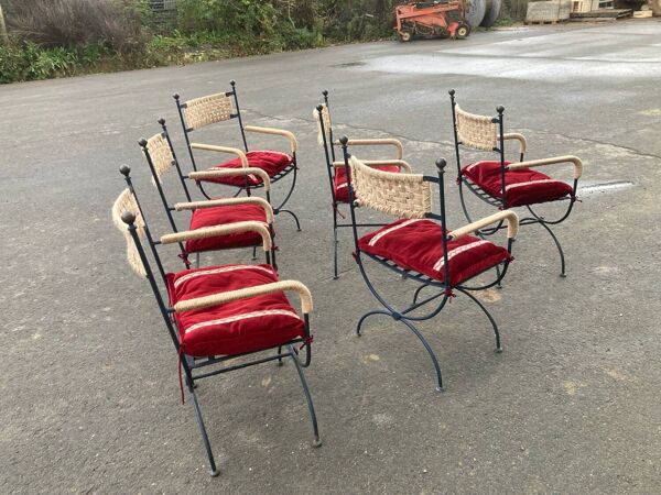 Six. Fauteuils en fer forgé, tressage  cordes