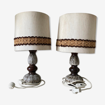 German ceramic lamp from the 1970s. Set of 2 retro bedside lamps.