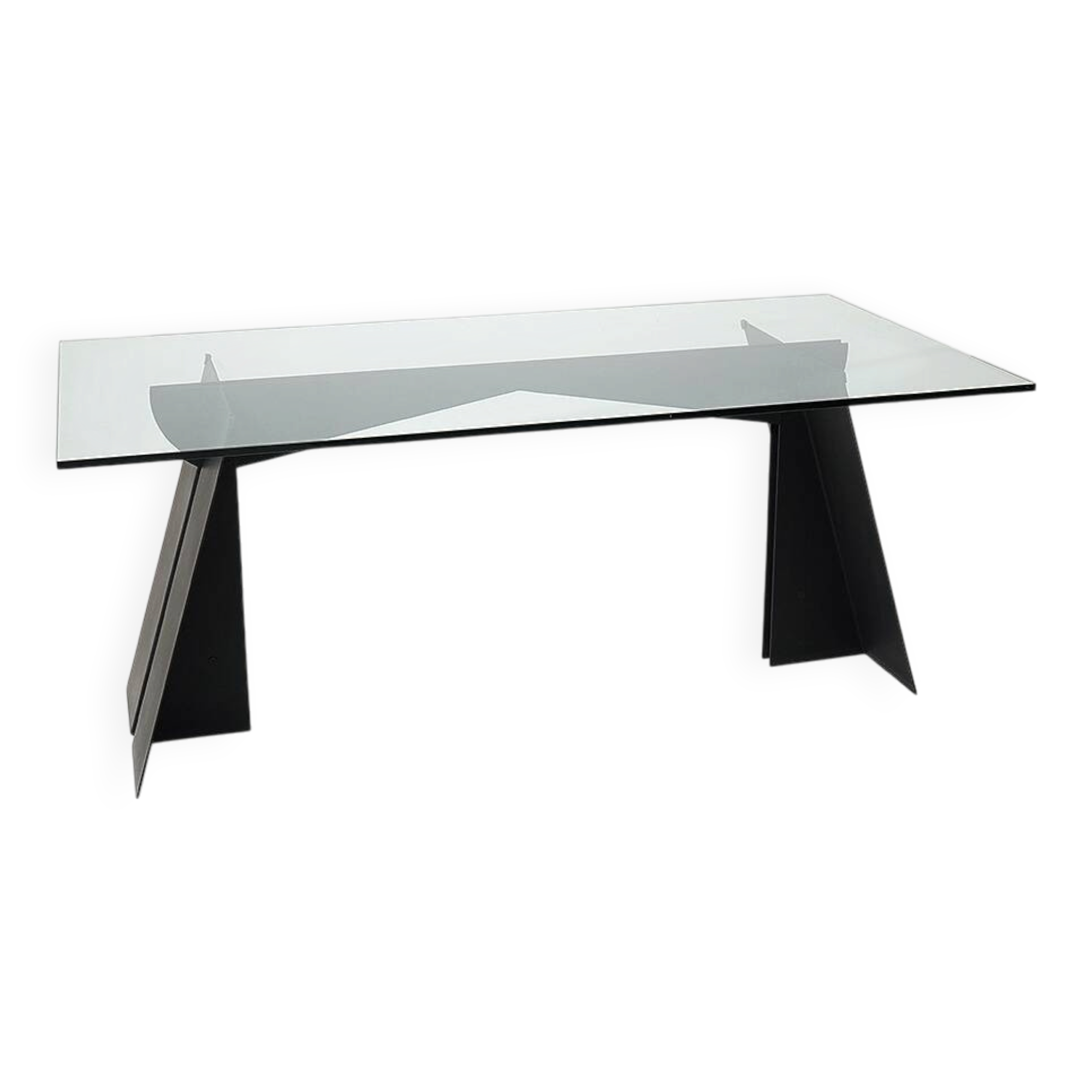 Table en verre et métal noir, années 1970
