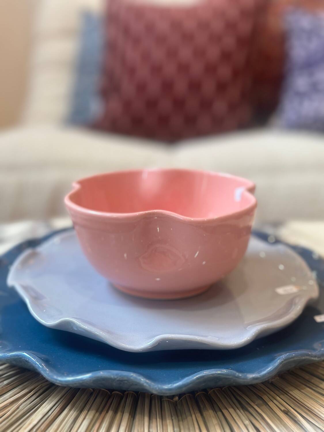 Handmade enameled ceramic bowl with pink clover flower Barbapapa