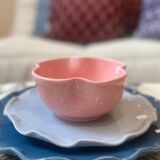 Handmade enameled ceramic bowl with pink clover flower Barbapapa
