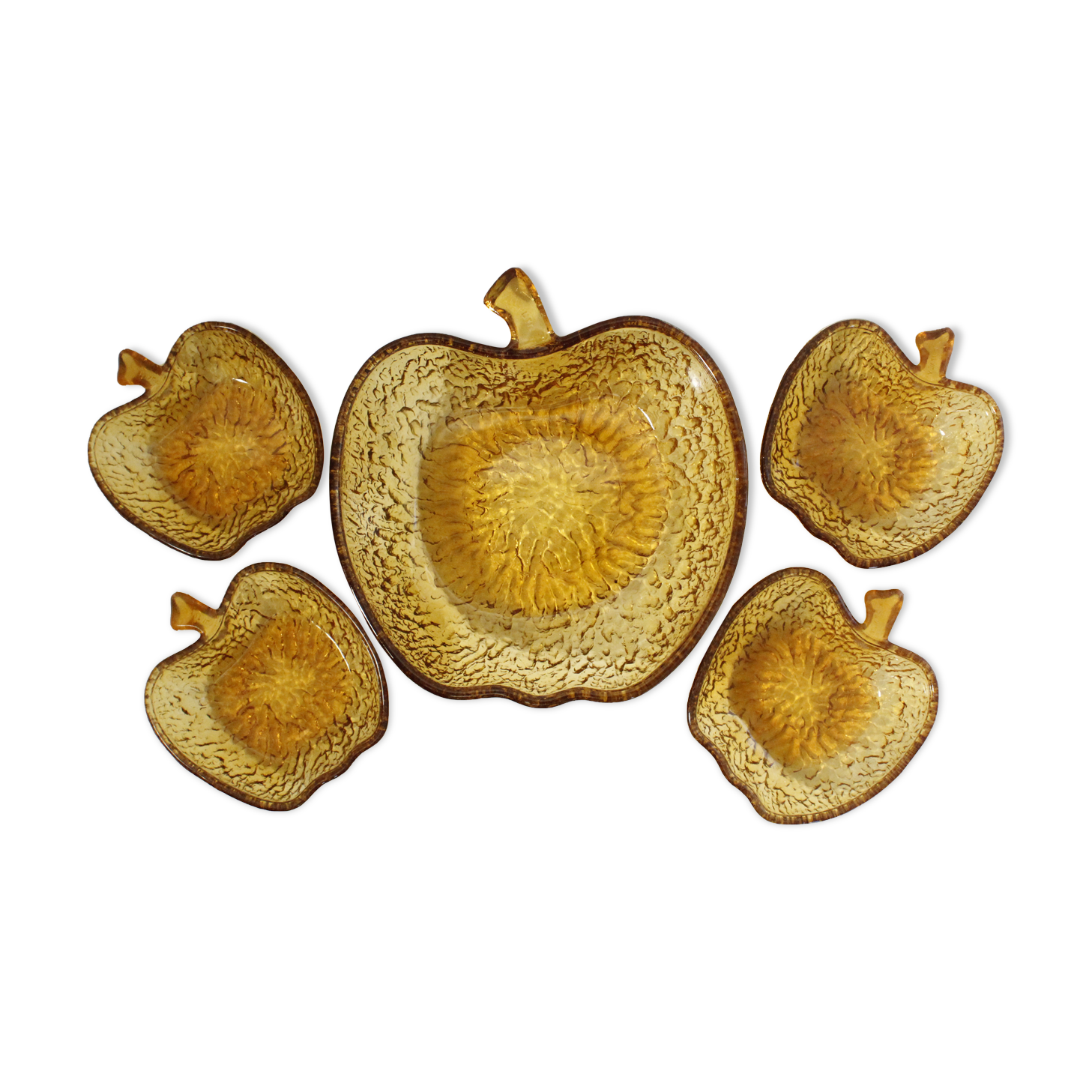 Salad bowl set and 4 dessert cups, vintage, apple shape in amber glass