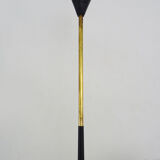 Vintage 2-spoke chandelier Moderniste Arlus from the 1950s. Black metal, brass, opaline