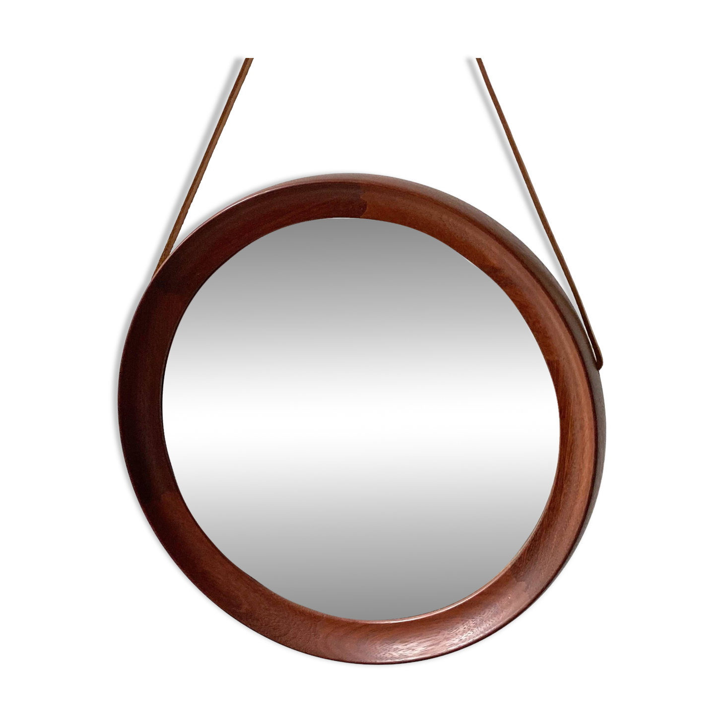 Mid Century solid teak wall mirror with a leather strap - Danish design