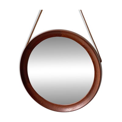 Miroir mural en teck massif du milieu du siècle avec bracelet en cuir - Design danois