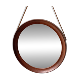 Mid Century solid teak wall mirror with a leather strap - Danish design