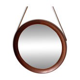Mid Century solid teak wall mirror with a leather strap - Danish design