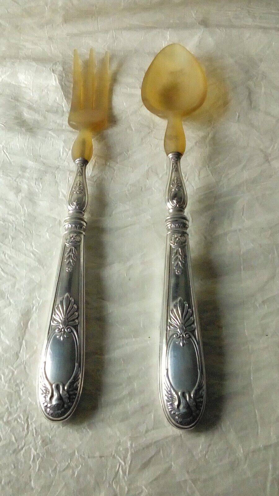 Horn salad cutlery, silver handle, late 19th century