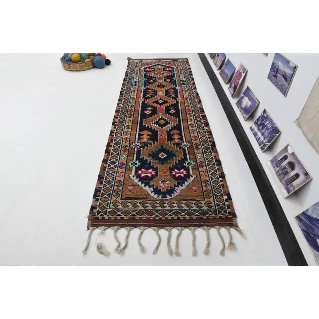 1970s Vintage Turkish Oushak Handmade Wool Cotton Brown Runner Rug 96x301