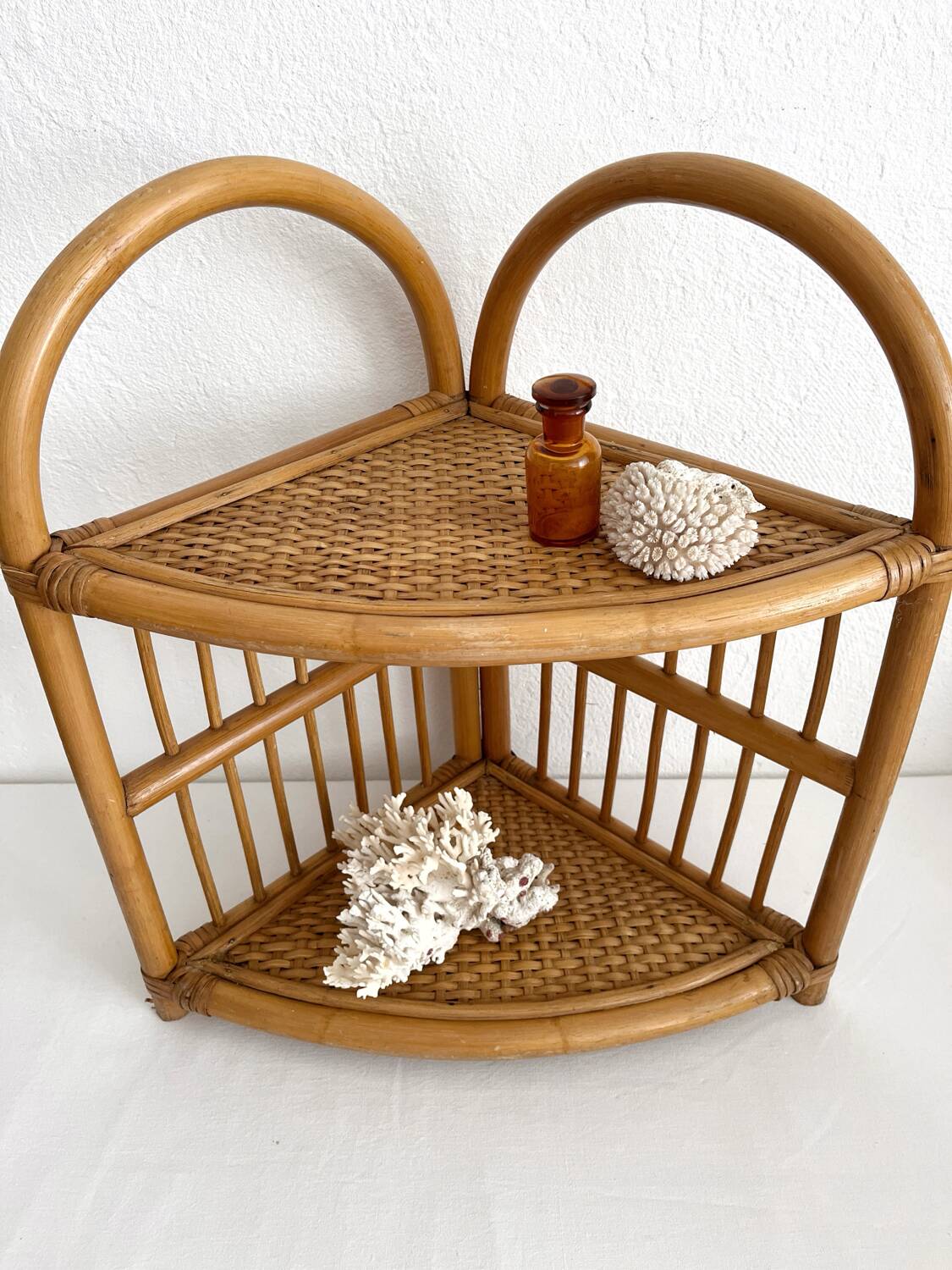 Vintage bamboo and rattan corner shelf