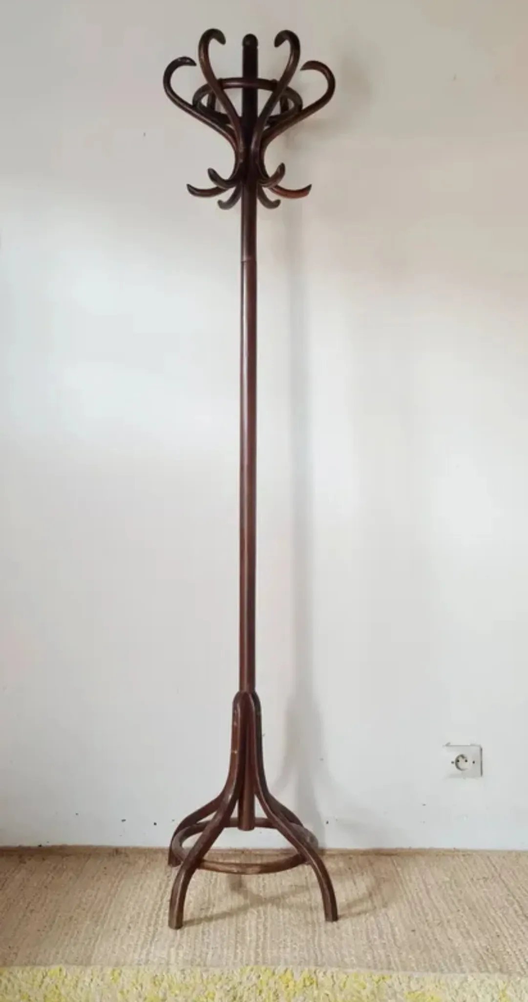 Antique curved wooden coat rack in the Thonet style, 1875.