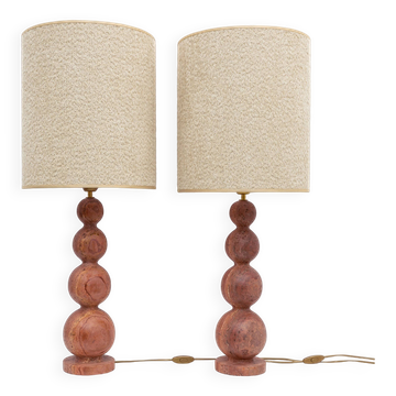 Paire de lampes sphériques italiennes modernes en travertin rouge