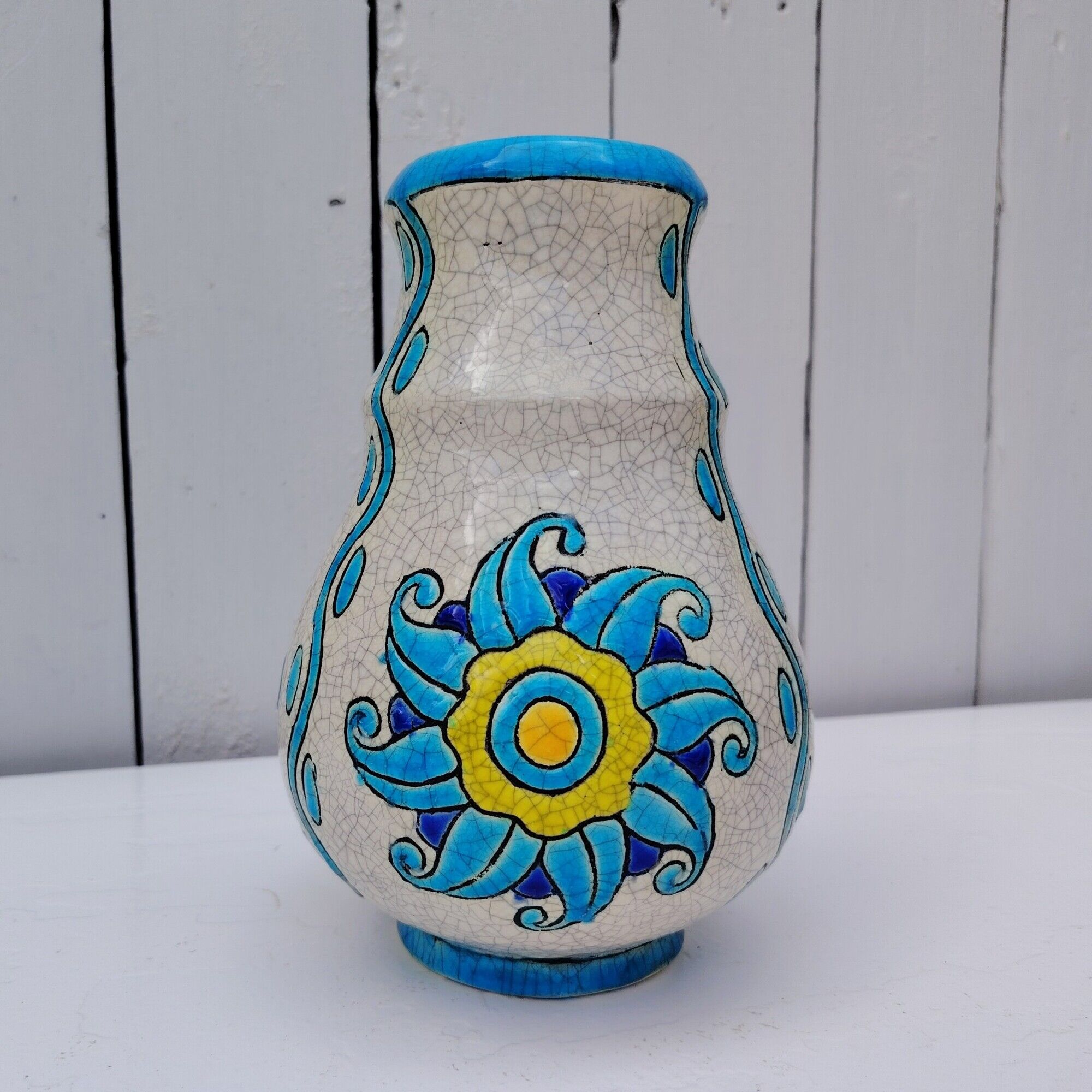 Glazed earthenware vase, floral/sun decoration, Catteau, Boch
