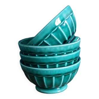 Emerald green glazed ceramic ribbed bowls