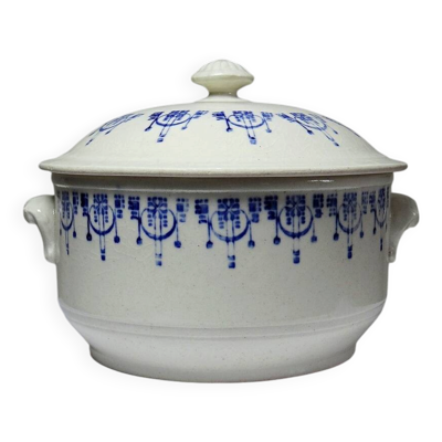 Bouillon/cocotte ancienne en terre de fer émaillée à décor bleu St Uze