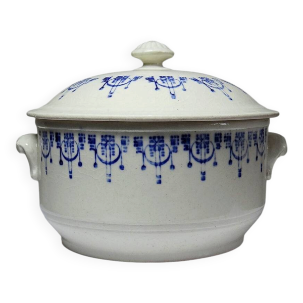 Bouillon/cocotte ancienne en terre de fer émaillée à décor bleu St Uze
