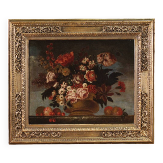 Tableau nature morte du XVIIIe siècle avec vase de fleurs et de fruits