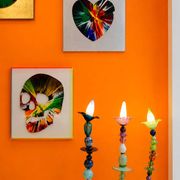 Set of three sculptural multicoloured glass floor lamps in a modernist style.