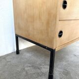 Three-drawer commode ARP — Minvielle, oak and lacquered metal, France, years