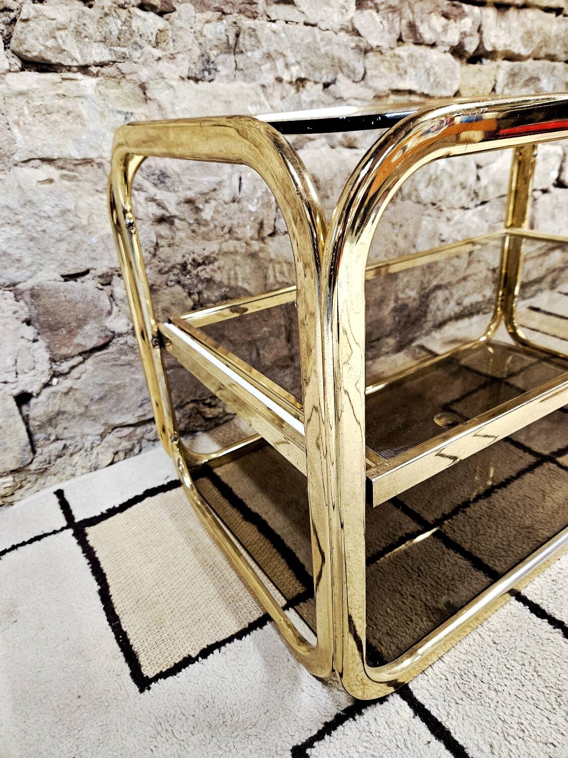 Brass coffee table with sliding top and smoked glass, 1970s vintage