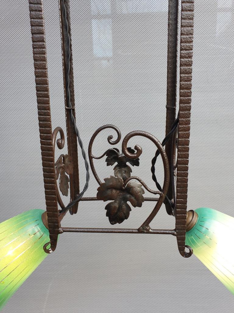 Art Deco chandelier 1930 in leafy wrought iron with 2 green tulip lights