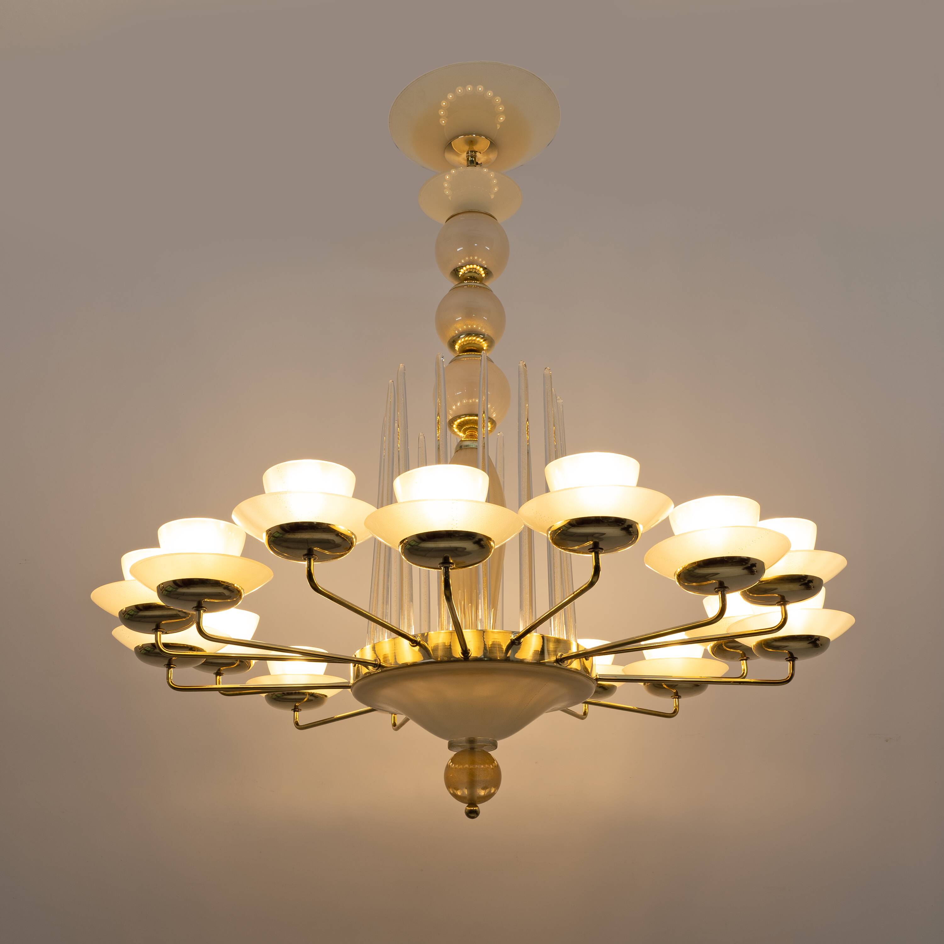 Mid Century Modern Style Brass and Murano Glass Big Chandelier