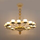 Mid Century Modern Style Brass and Murano Glass Big Chandelier