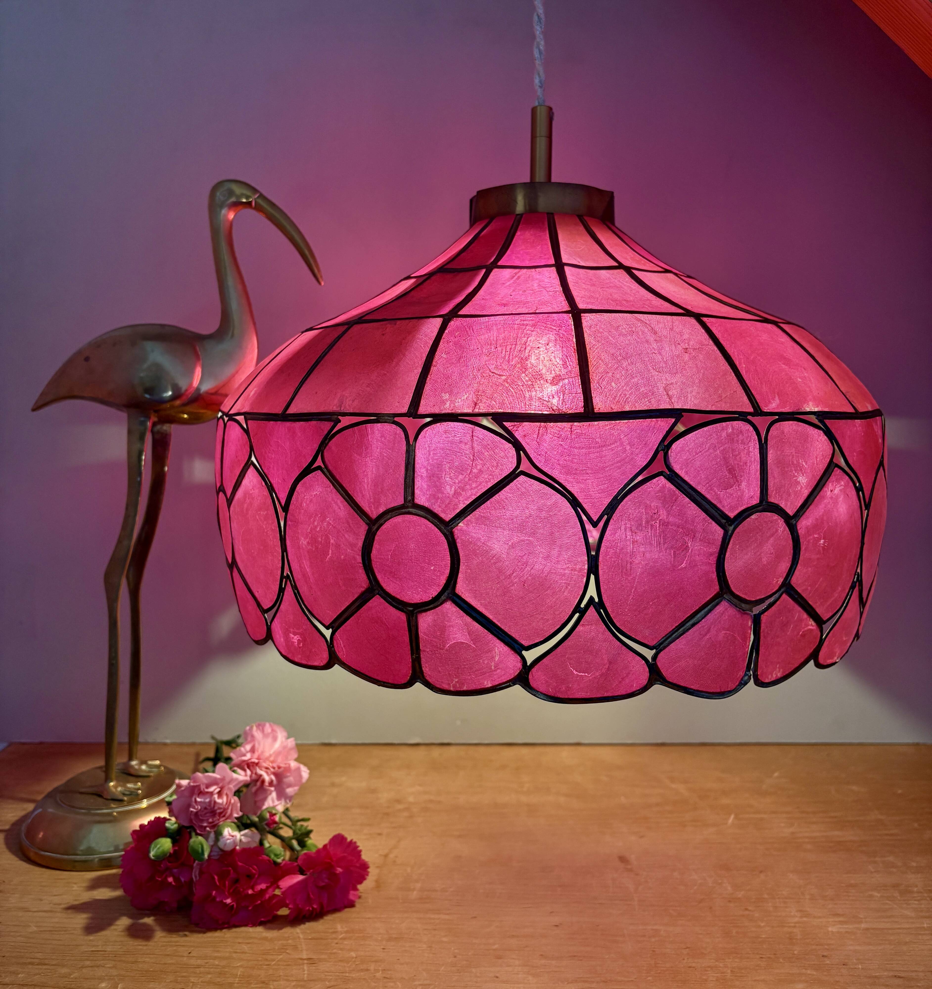 Suspension abat-jour vintage en nacre rose