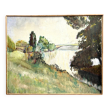 Pont sur Seine vers Marly, Huile sur Panneau, M. Tassart. Vers 1955. K