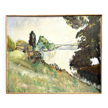 Pont sur la Seine vers Marly, huile sur panneau, M. Tassart. Vers 1955. K