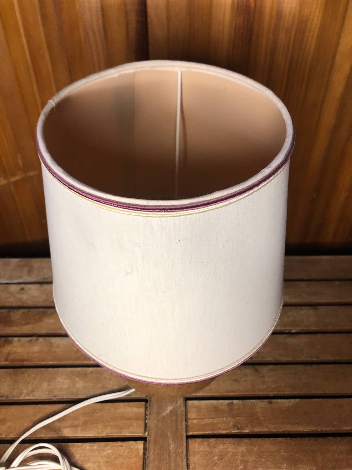 Ancienne lampe boule en grès + abat-jour blanc vintage #a549