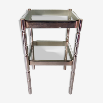 Vintage Retro French Chrome Side Table With Smoked Colored Glass