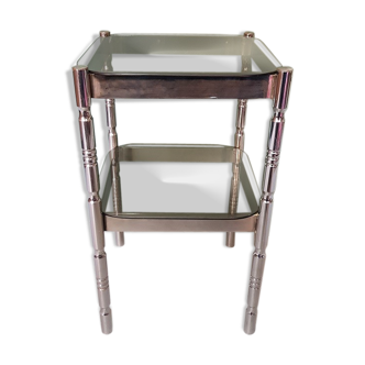 Vintage Retro French Chrome Side Table With Smoked Colored Glass