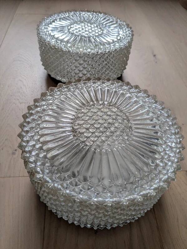 Pair of vintage wall-mounted ceiling lights - pressed glass "diamond point" -