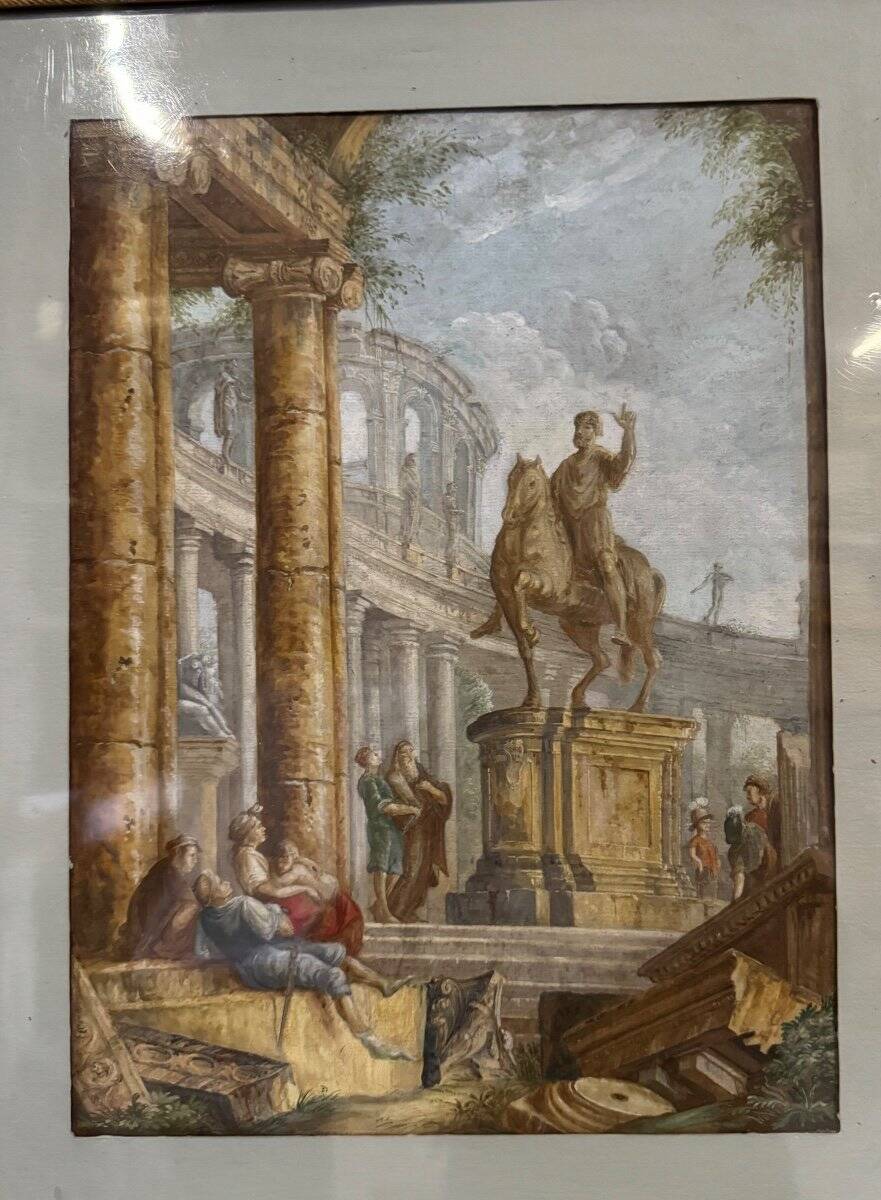 Watercolor on orchard paper, animated ruins with equestrian statue, 18th century
