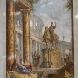 Watercolor on orchard paper, animated ruins with equestrian statue, 18th century