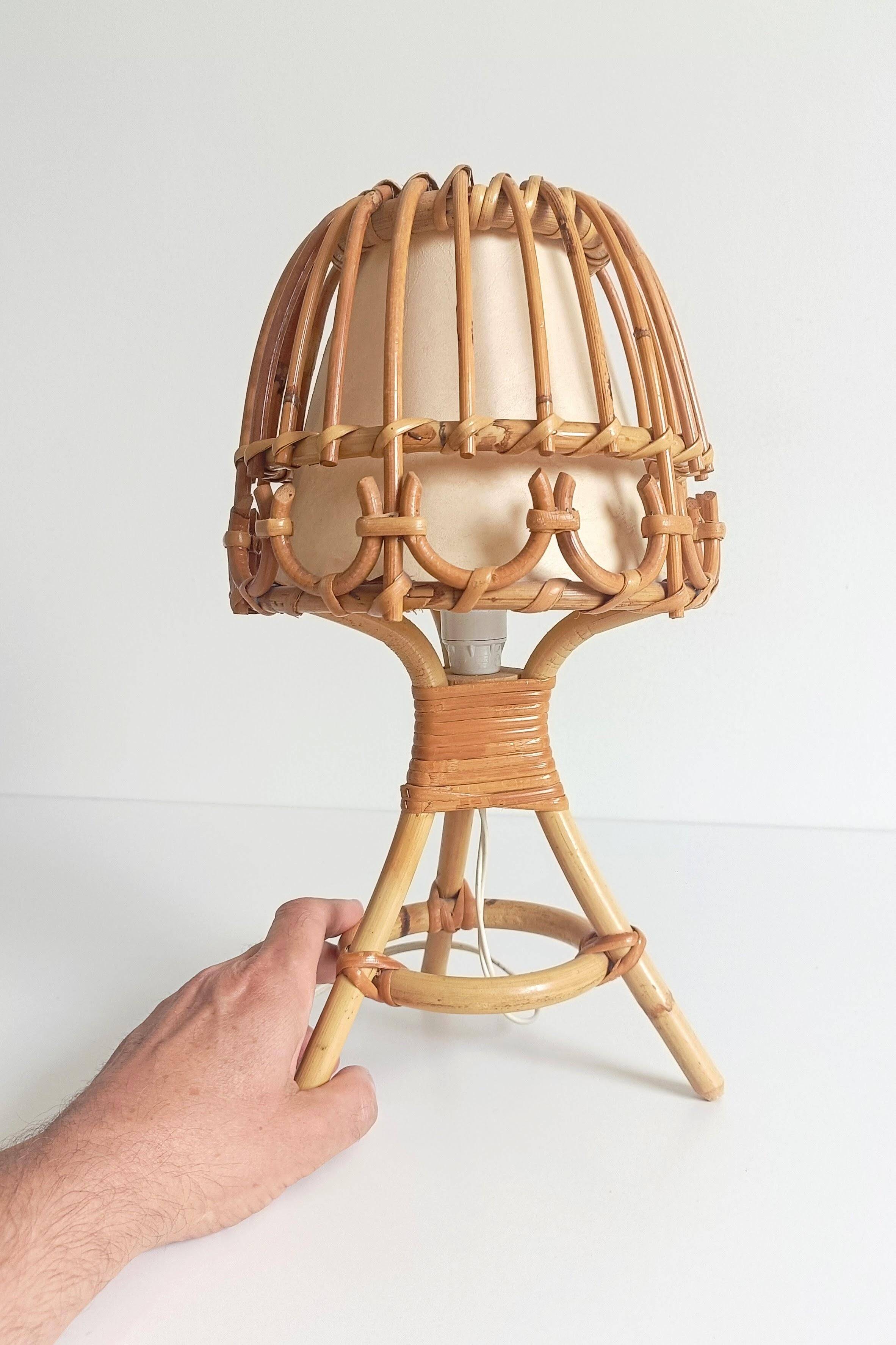 Midcentury Bamboo and Rattan Table Lamp, Attributed to Louis Sognot