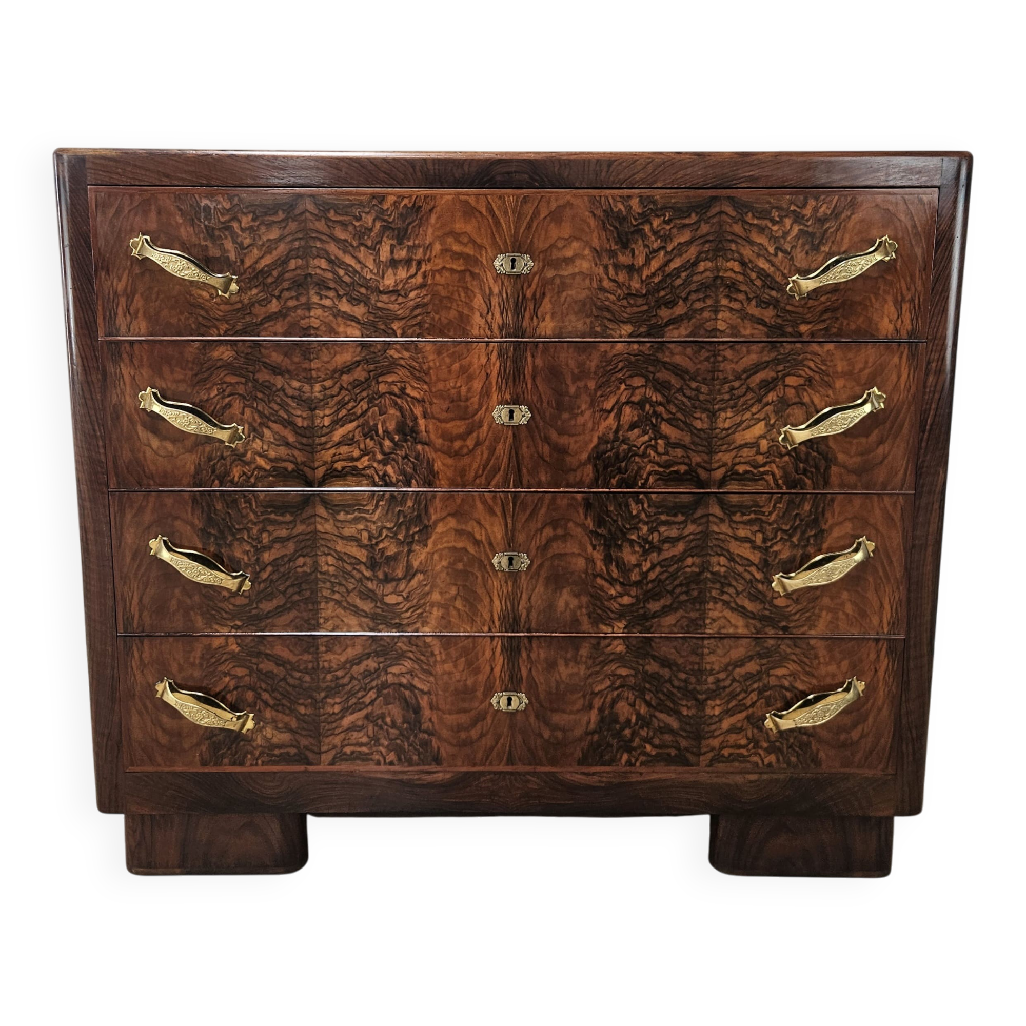 1940s Art Decò chest of drawers in walnut burl with black glass top