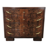 Commode Art Déco des années 1940 en noyer frisé avec plateau en verre noir.