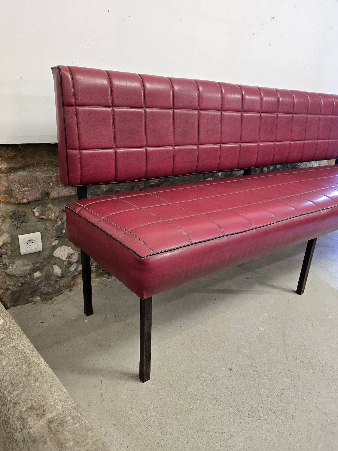 1960s double bistro bench in buttoned burgundy red skai