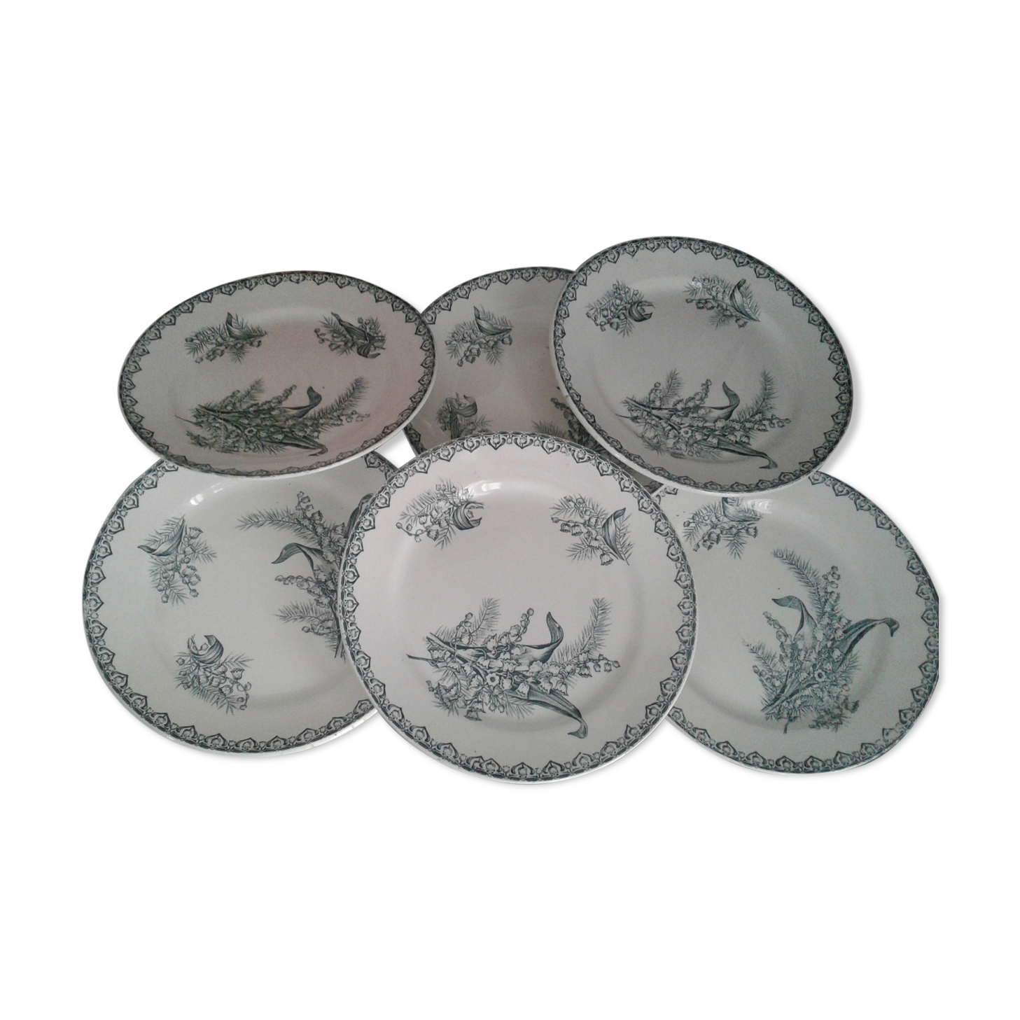 6 Flat asiiettes, Muguet decors.