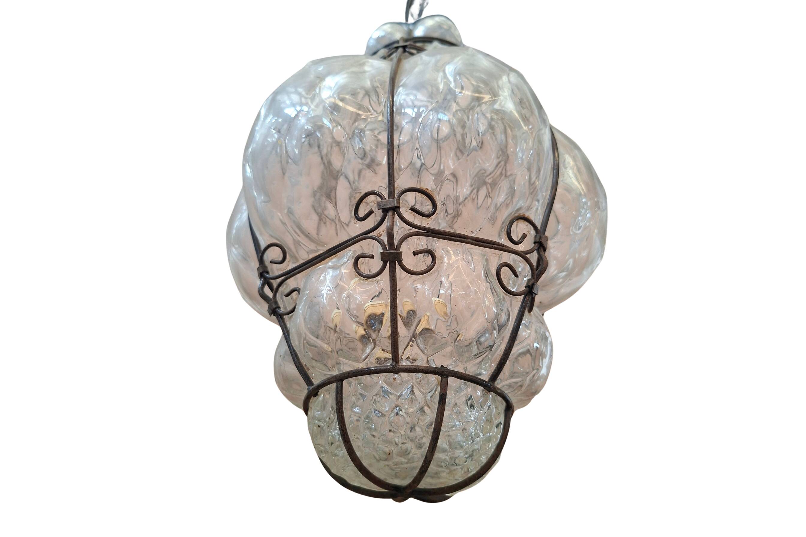 Suspension Vintage en Verre Soufflé et Fer Forgé
