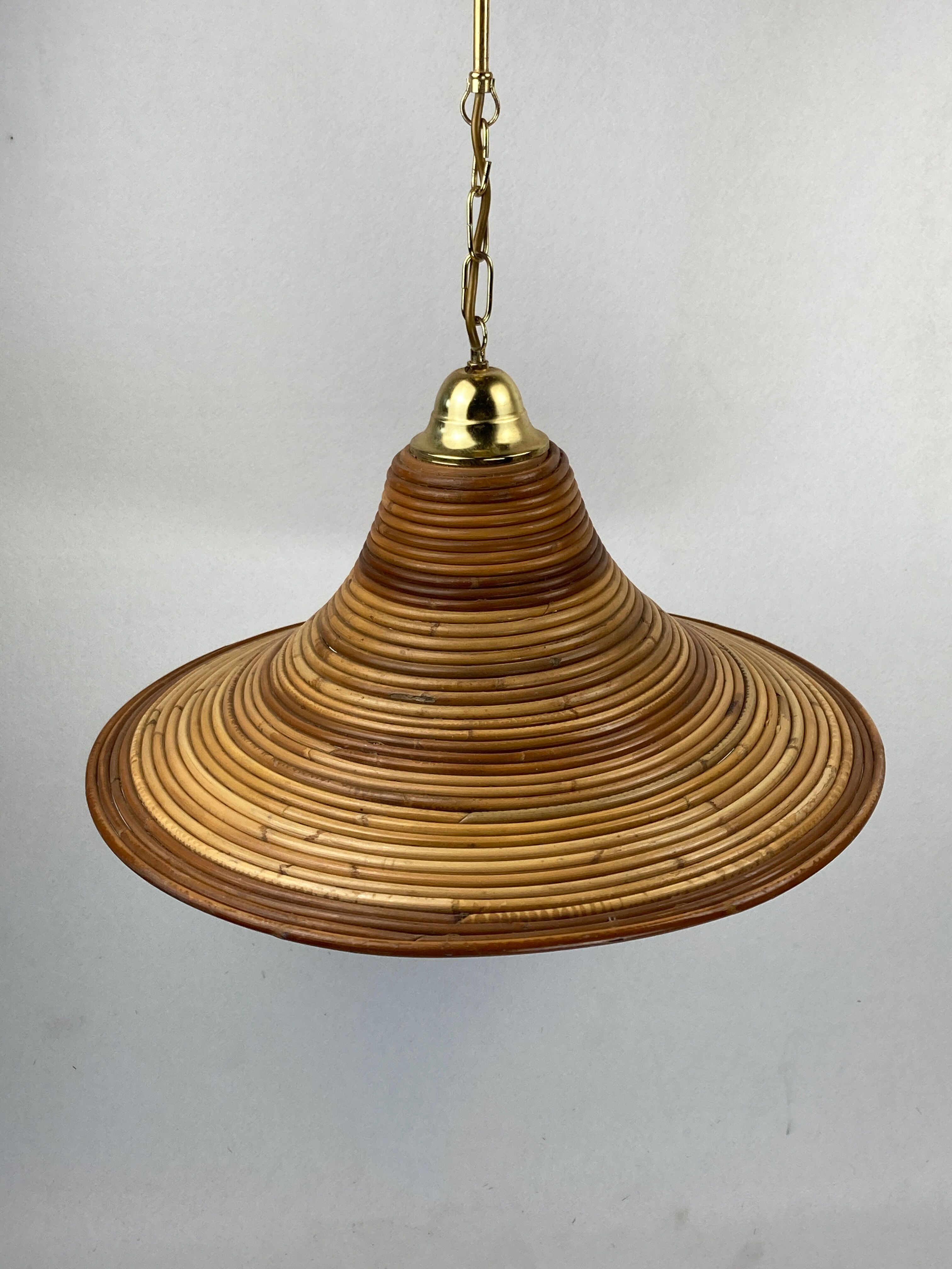 Pencil split reed rattan bamboo and brass pendant Lamp, 1970s